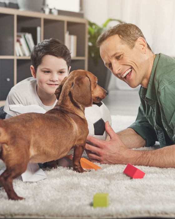 chien sur un tapis avec un ballon entouré d'un père et son fils